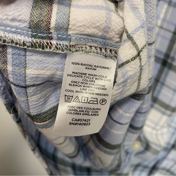 LOFT Blue & White Plaid Peasant Billowy Sleeve Button Down Blouse Top Size Small - Picture 8 of 10